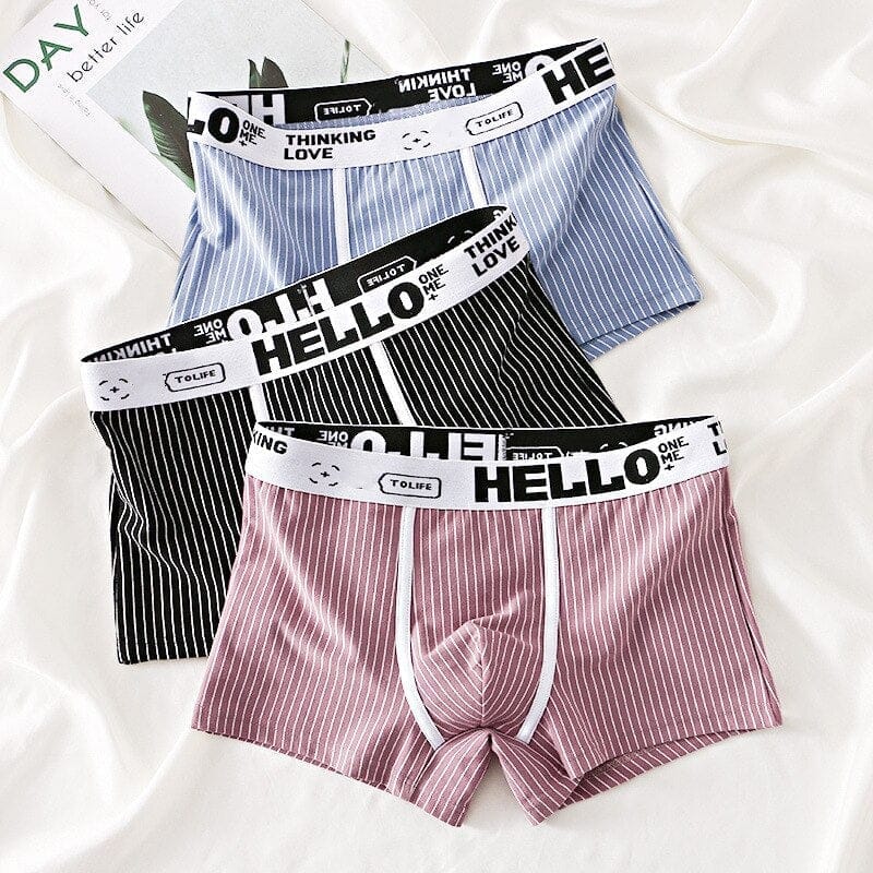 HELLO Striped - Men's Underwear (3 Pack) - Light Gray - Green - Blue