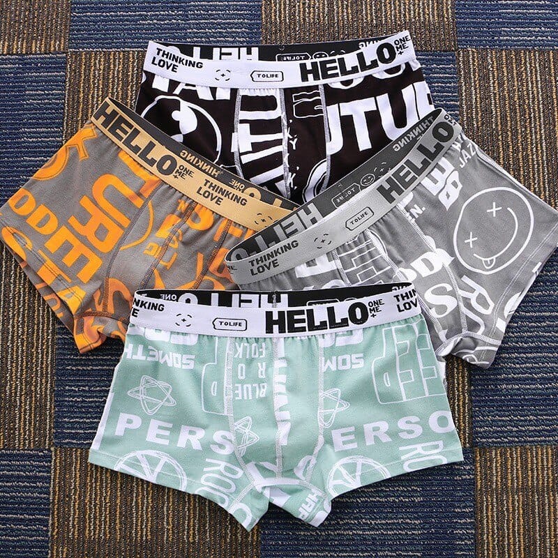 HELLO Print - Men's Underwear (4 Pack) - Gray - Turquoise - Blue - Orange